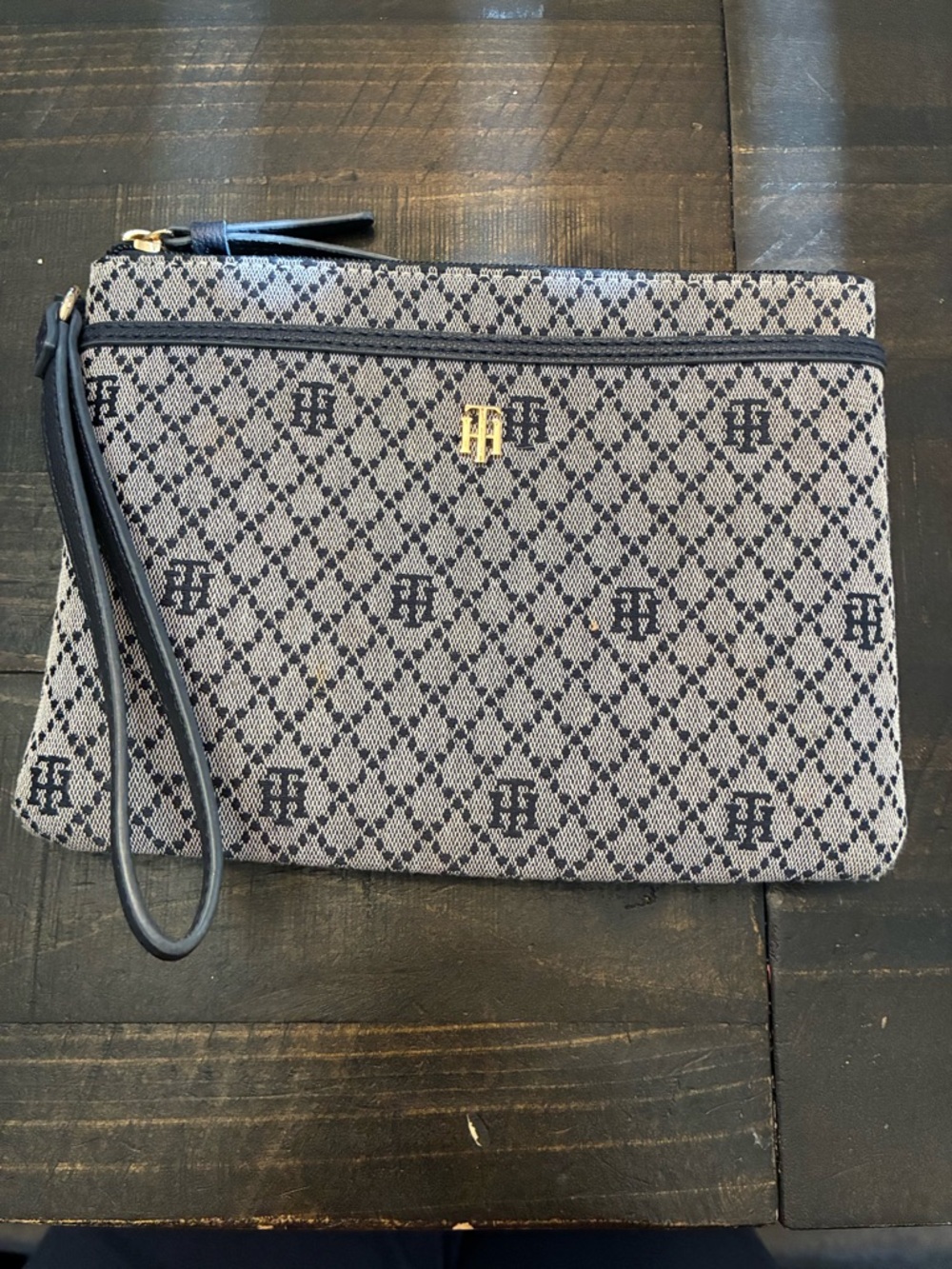 Tommy Hilfiger Navy and Cream Signature Monogram Wristlet Clutch